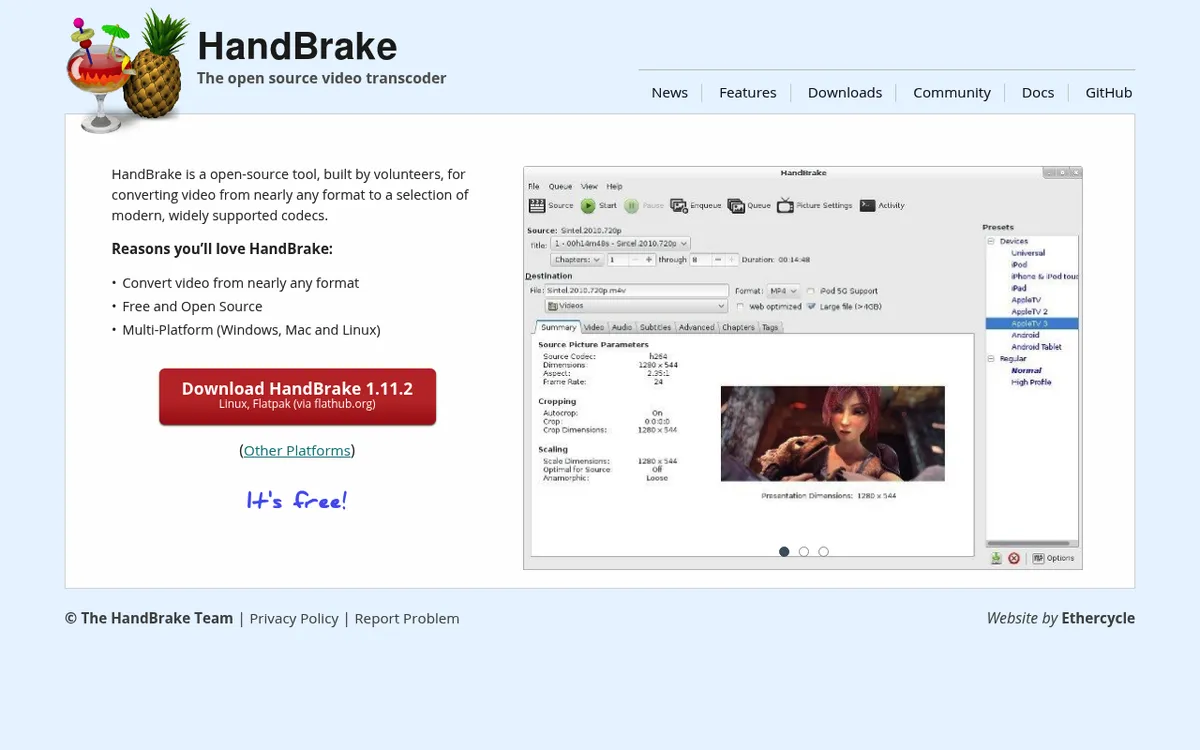 Offizielle HandBrake-Website mit dem kostenlosen Open-Source-Video-Transcoder für Mac und Windows