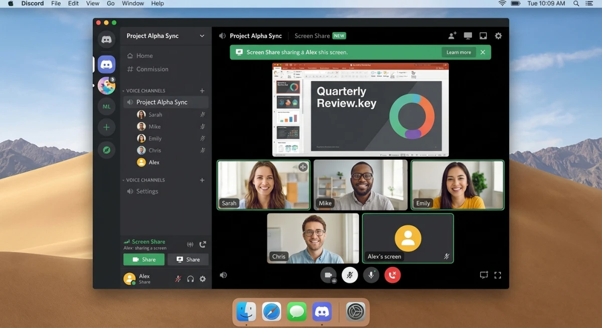 Discord screen share active with participants visible