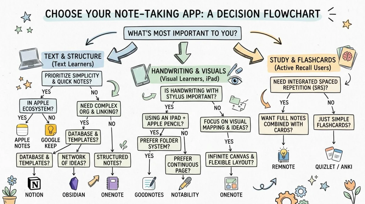 Entscheidungs-Flussdiagramm zur Wahl der richtigen Notiz-App nach Anwendungsfall