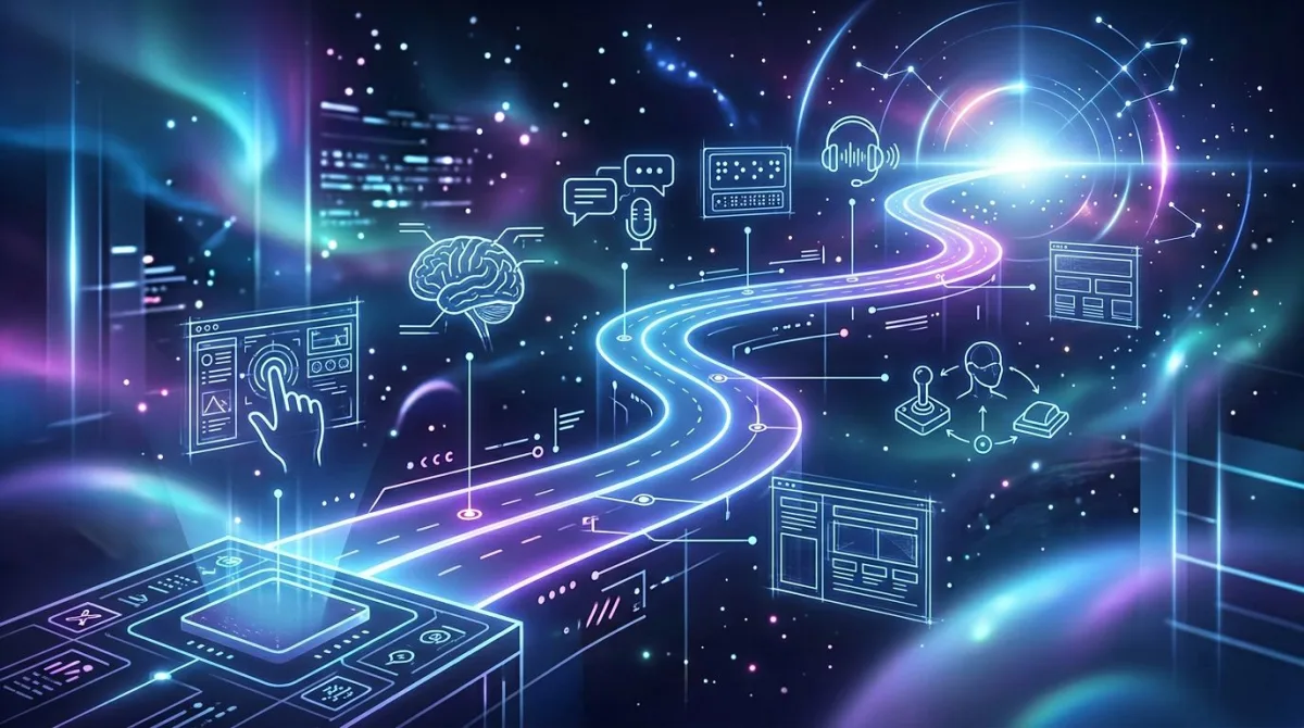 Glowing roadmap path leading to floating blueprint sketches of future WCAG 3.0 accessibility features
