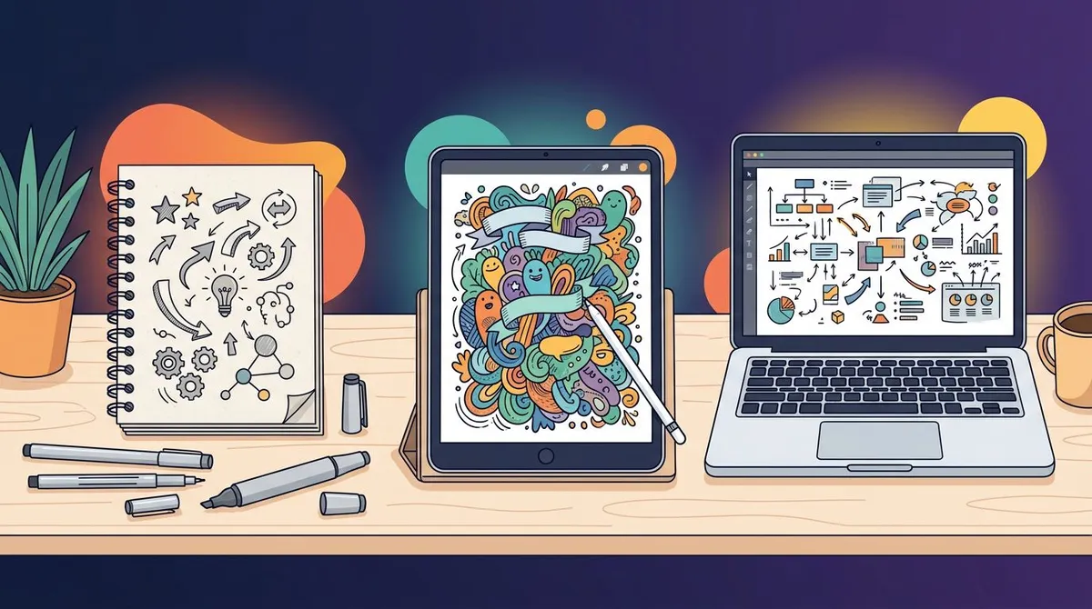 Sketchnoting setups side by side: paper notebook with pens, tablet with stylus, and a laptop canvas