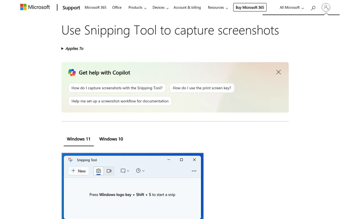 Microsoft Support page for Snipping Tool listing rectangle, window, full screen and freeform capture modes on Windows 11