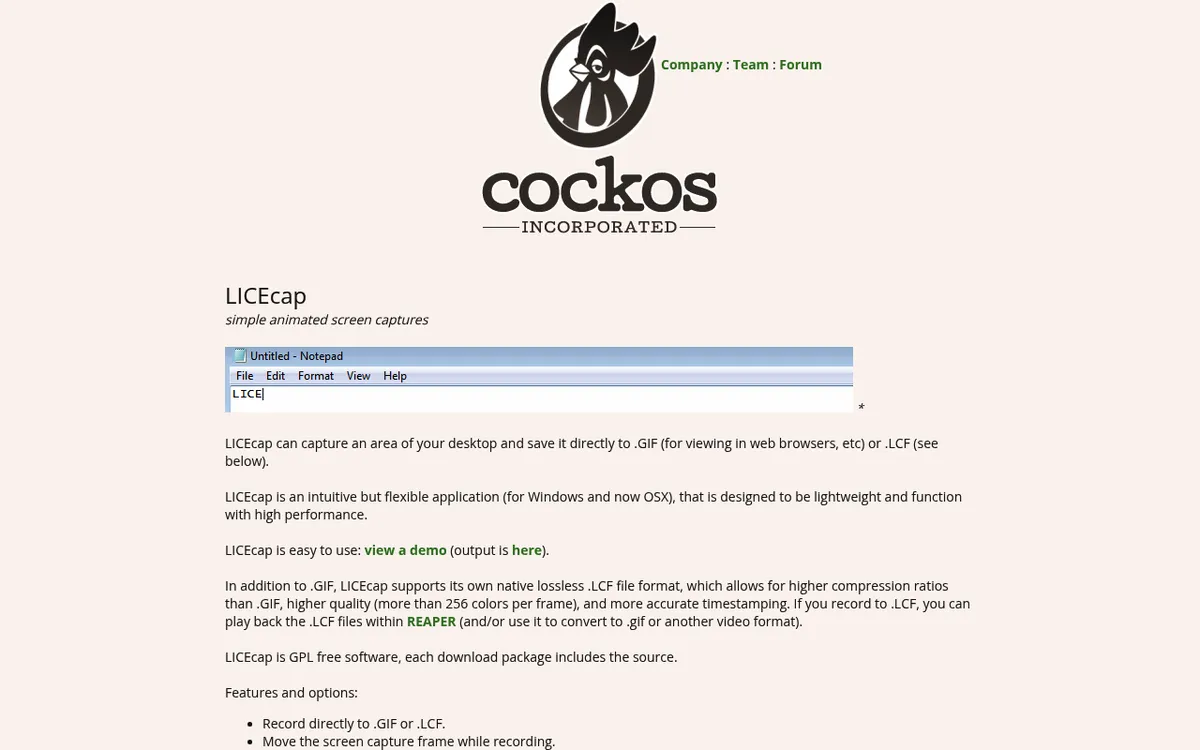 LICEcap page on the Cockos website describing the free animated GIF screen recorder for Windows and macOS