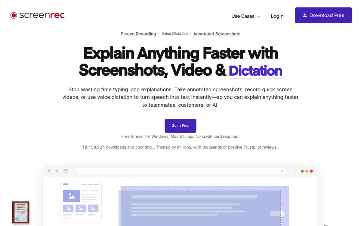 ScreenRec homepage, a free screen recorder with annotated screenshots and voice dictation for Windows, Mac and Linux