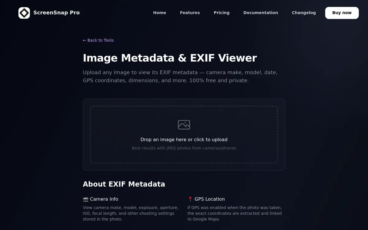 The ScreenSnap Pro image metadata viewer tool showing EXIF fields read from a photo