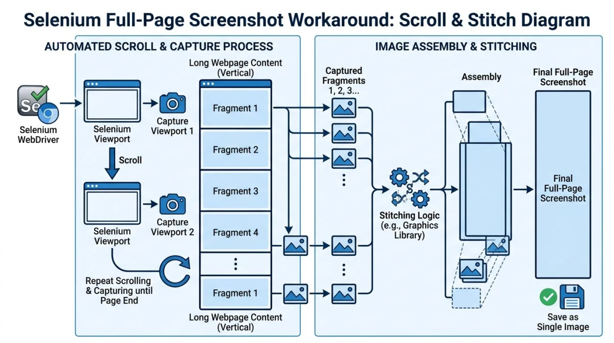 Diagram showing Selenium's scroll-and-stitch full-page screenshot workaround