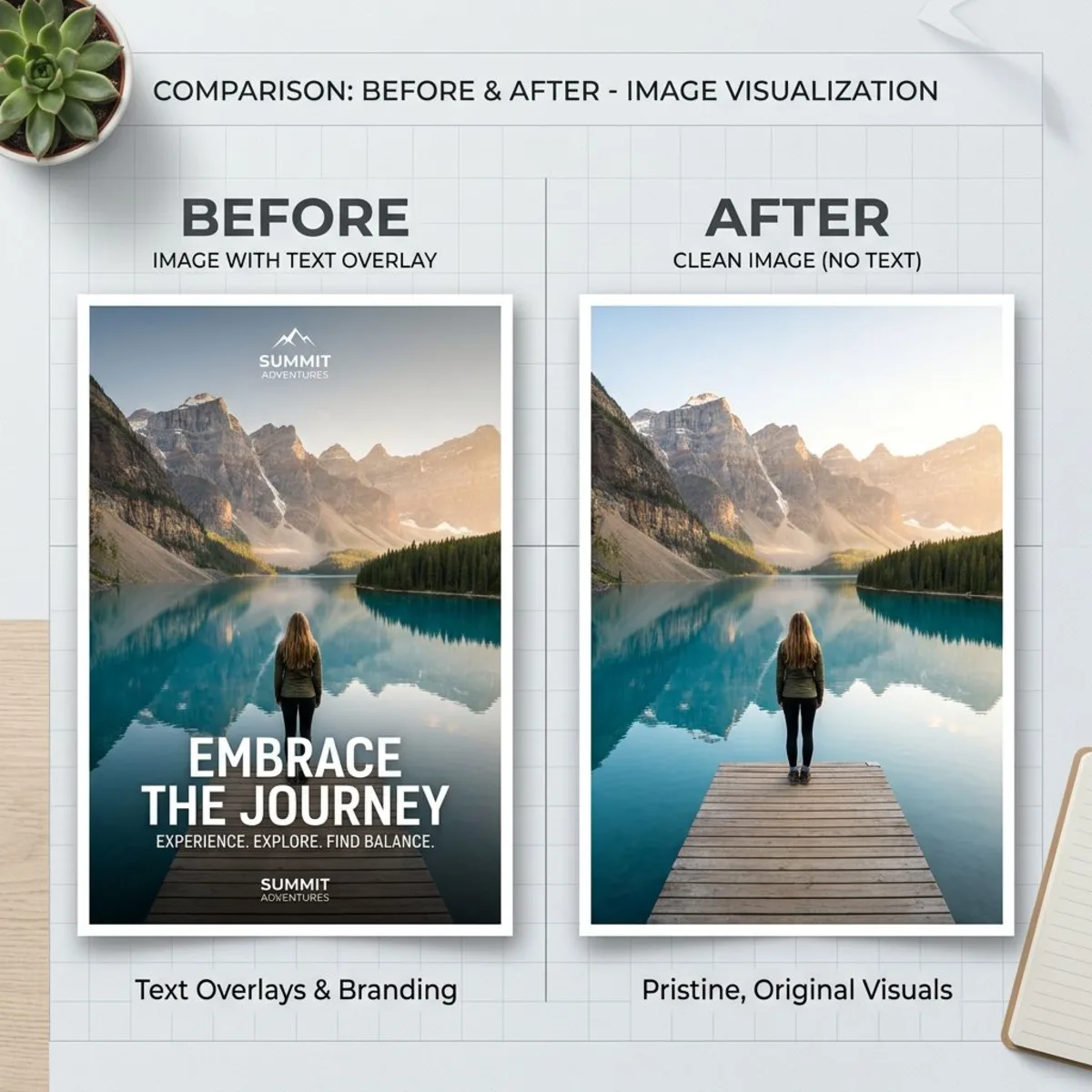Before and after using AI to remove text from image