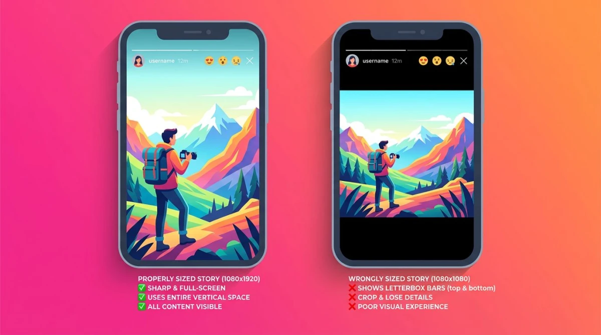 Side-by-side phone showing right vs wrong Instagram Story sizing