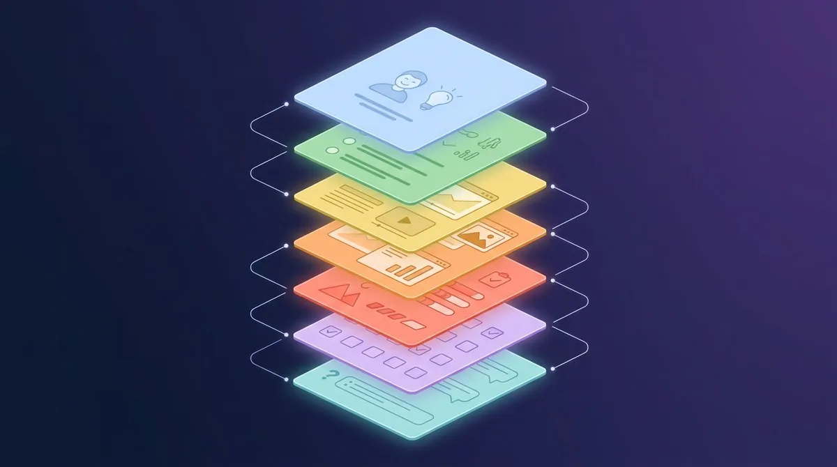 Layers of a training manual template, from welcome page to objectives, modules, exercises, checklists, and FAQ