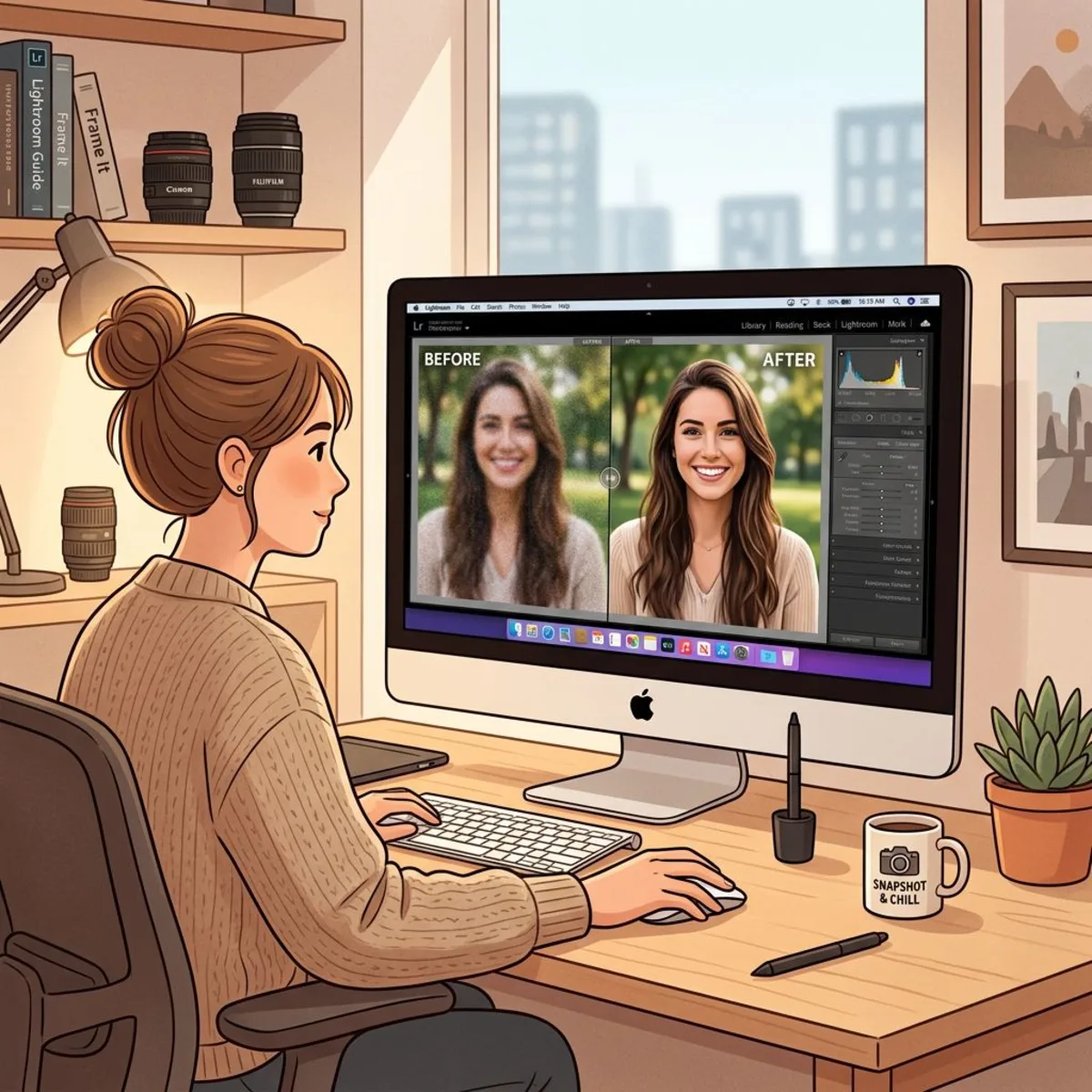Photographer reviewing before and after upscaling results on a Mac display