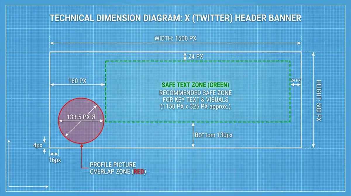 X banner safe zone diagram showing avatar and action button overlap