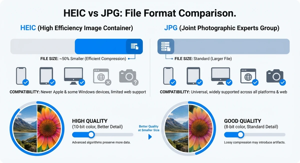 HEIC vs JPG format comparison showing file size, compatibility, and quality differences