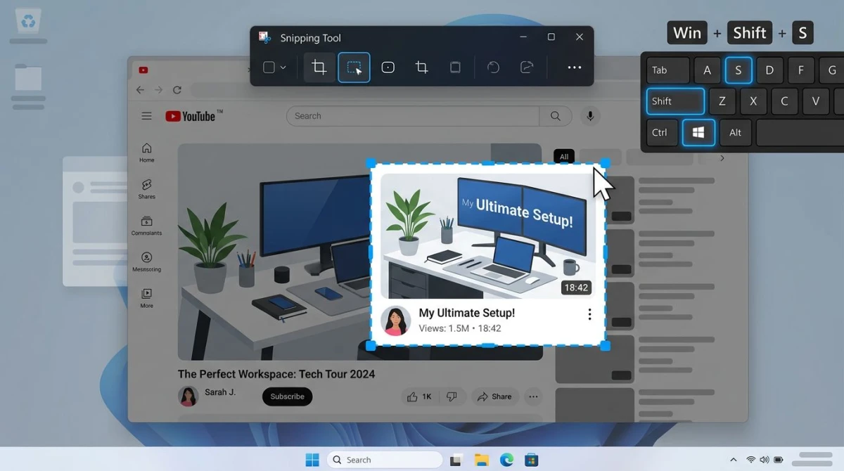 Windows 11 Snipping Tool with Win Shift S keyboard shortcut highlighted over a YouTube frame