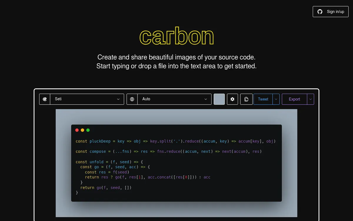 Carbon homepage, a free open source tool that turns source code into shareable images