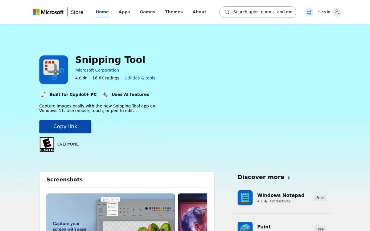 Snipping Tool listing in the Microsoft Store, the free screenshot app built into Windows 11