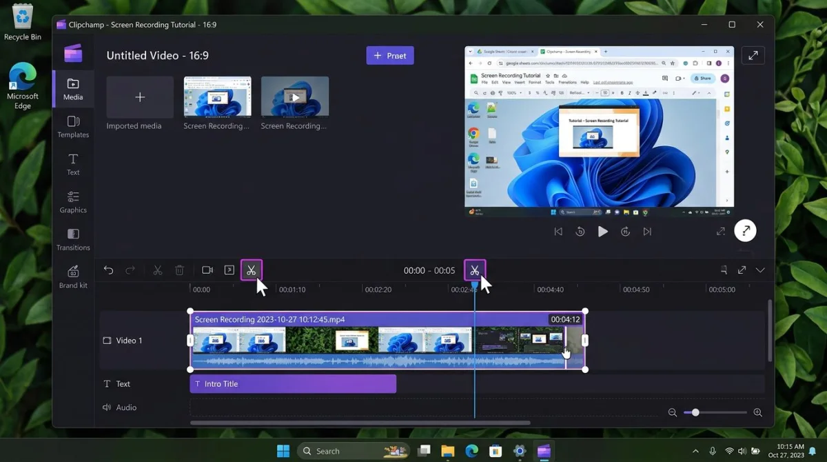 Clipchamp-Timeline-Editor unter Windows 11 mit einer geladenen Bildschirmaufnahme