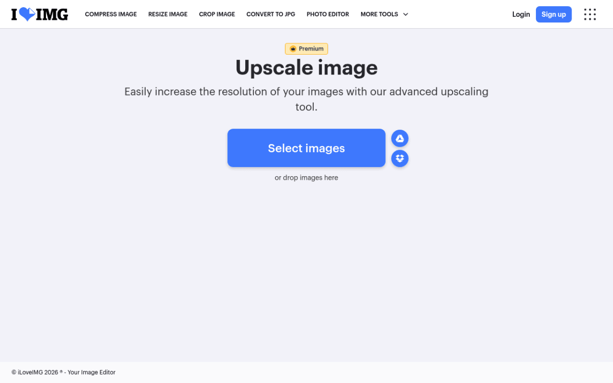 iLoveIMG Upscale Image tool with a simple Select images upload button