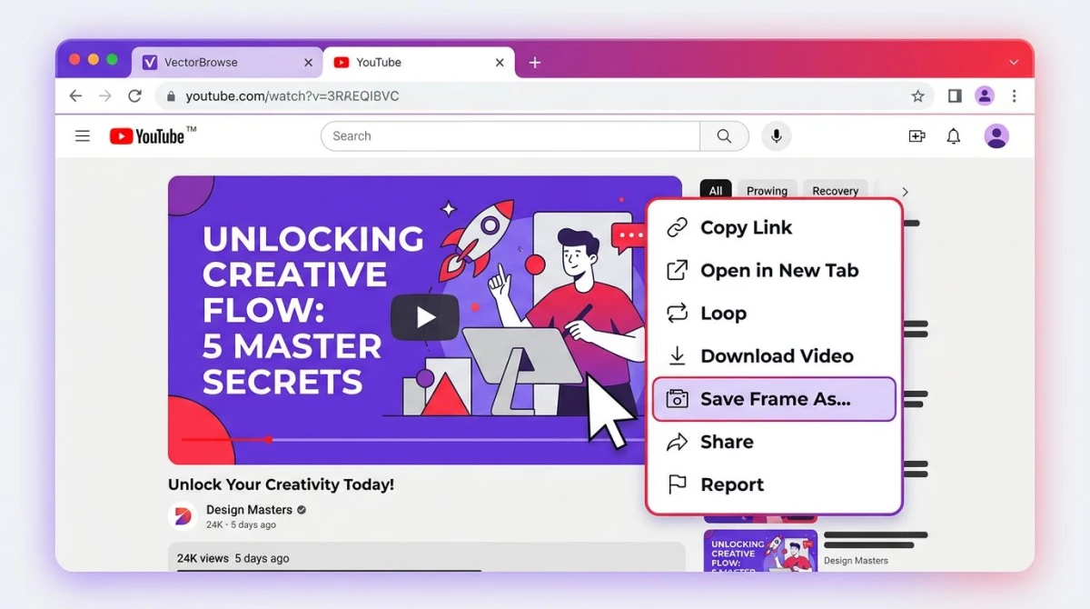 Right-click context menu on a YouTube video showing Save video frame as option