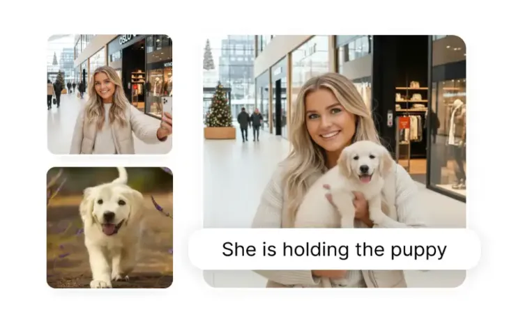 Another result: a mall selfie plus a photo of a puppy, merged into one natural shot from the prompt "She is holding the puppy."