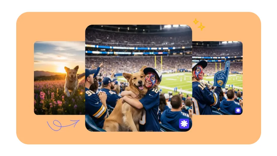 A tougher test: a person, a dog and a packed stadium blended together, with the lighting and crowd depth holding up at a glance.