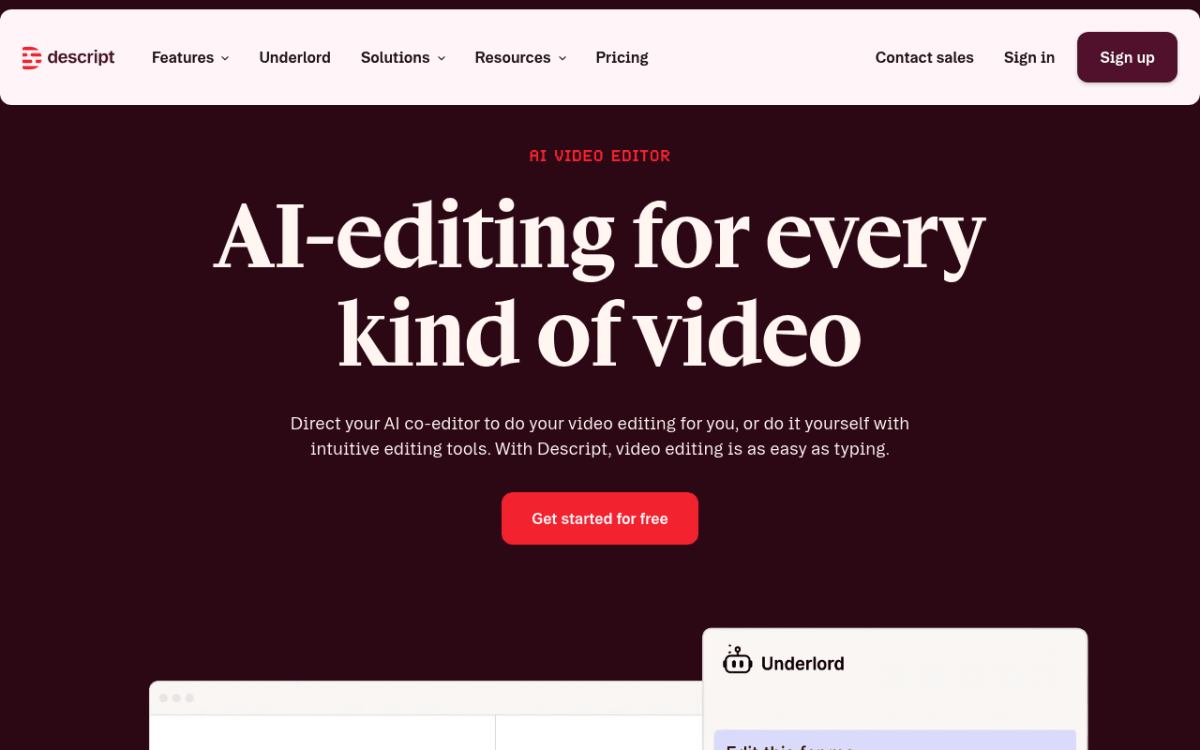 Descript website showing AI-powered video and podcast editor