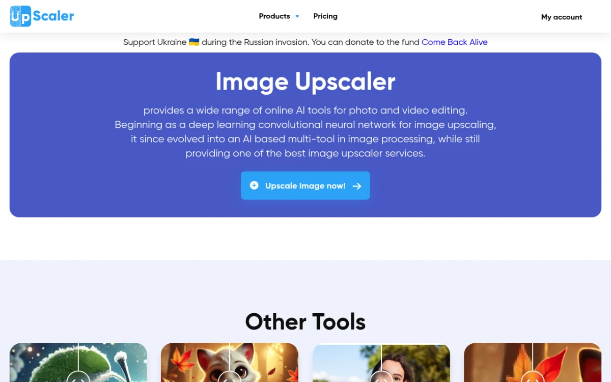 Image Upscaler homepage with monthly free credits and 4x upscaling