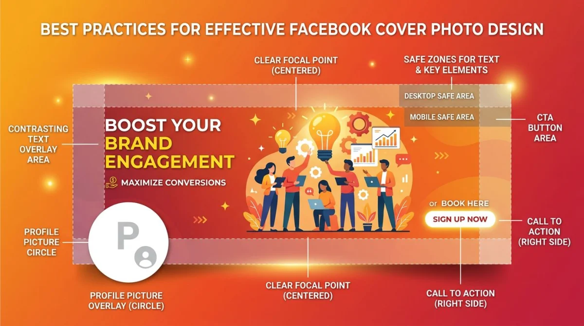 Facebook cover best practices: focal point, profile pic overlap, CTA placement