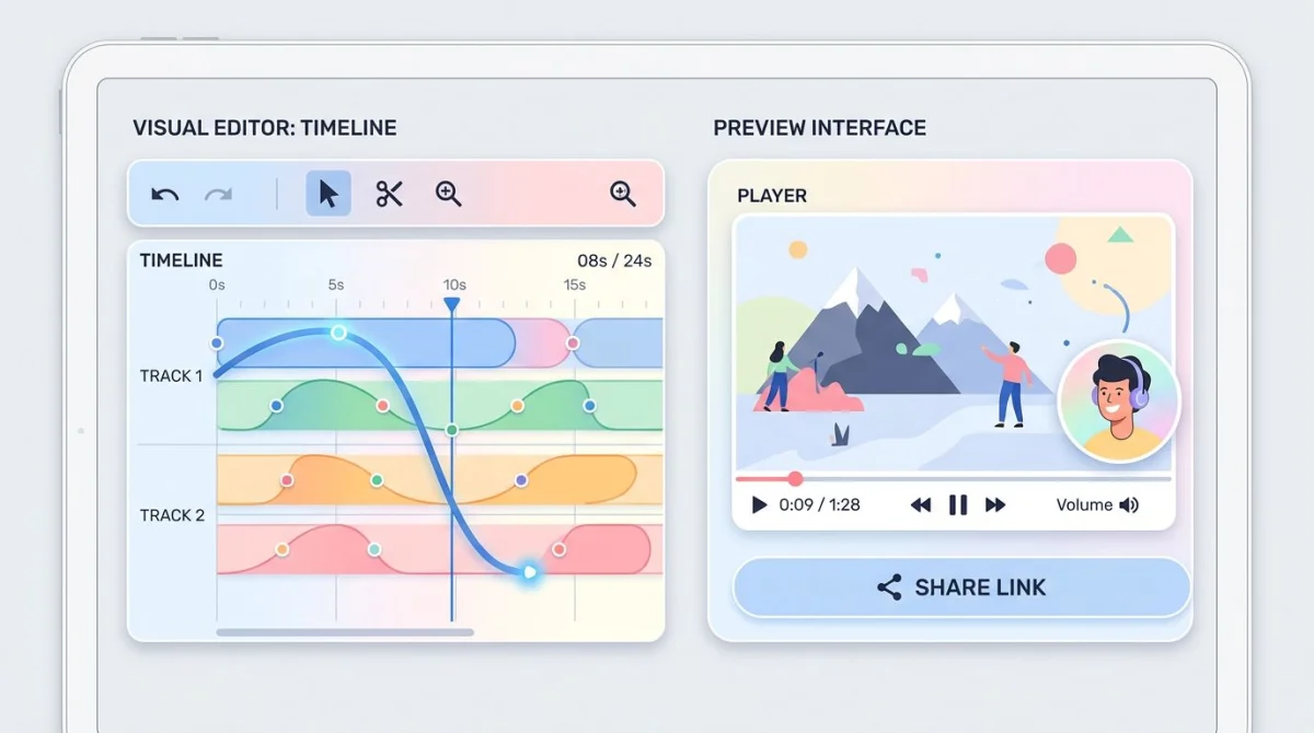 Side-by-Side-Mockup von zwei abstrakten Videoeditor-Oberflächen mit unterschiedlichen Workflow-Prioritäten
