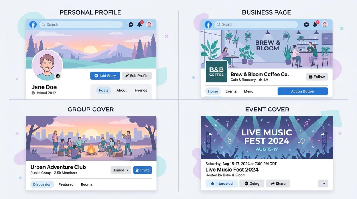 Four Facebook cover surfaces side by side: profile, page, group, event