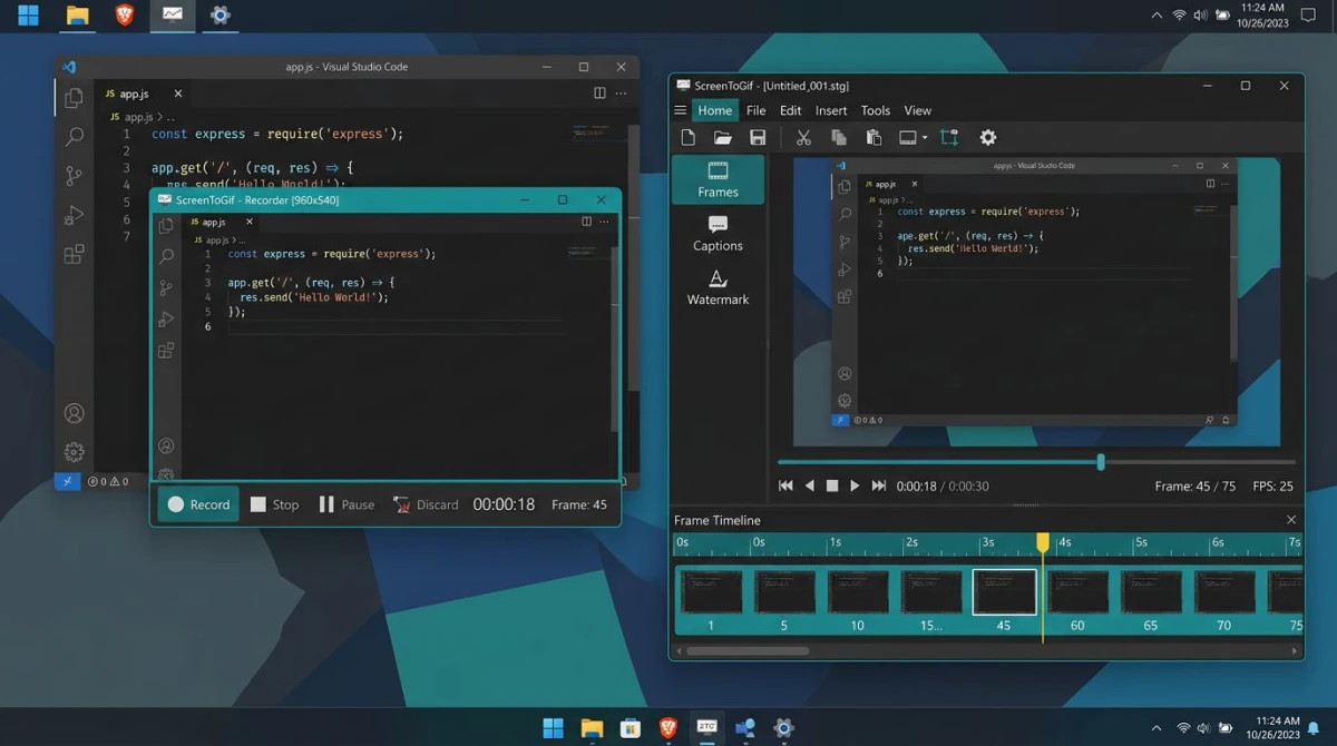 ScreenToGif frame editor with timeline visible on Windows