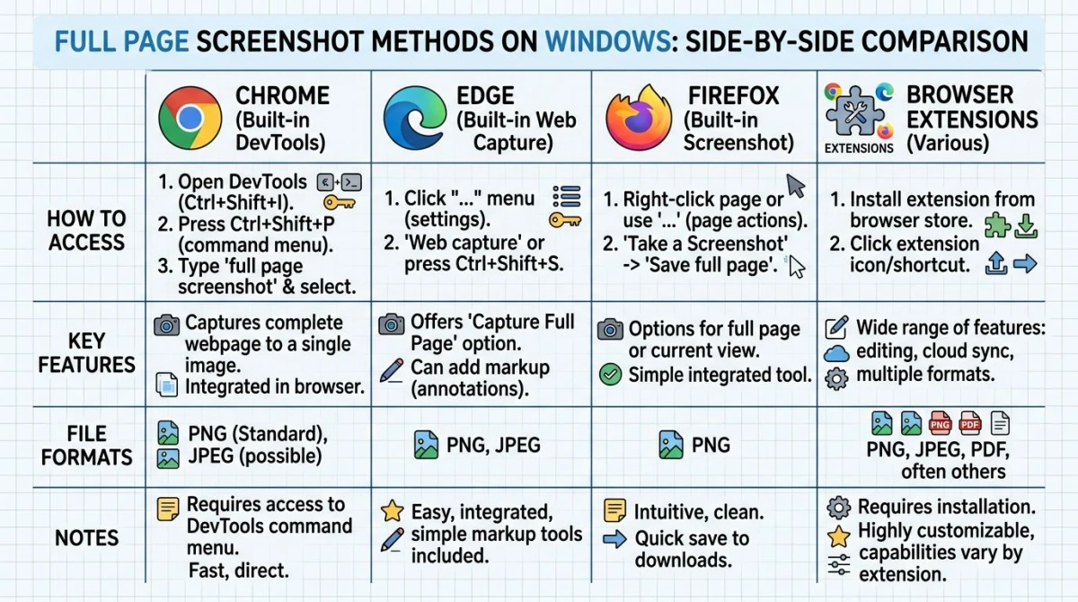 Comparison of full page screenshot methods on Windows