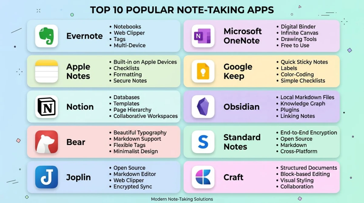 Vergleichsraster mit 10 beliebten Notiz-App-Icons
