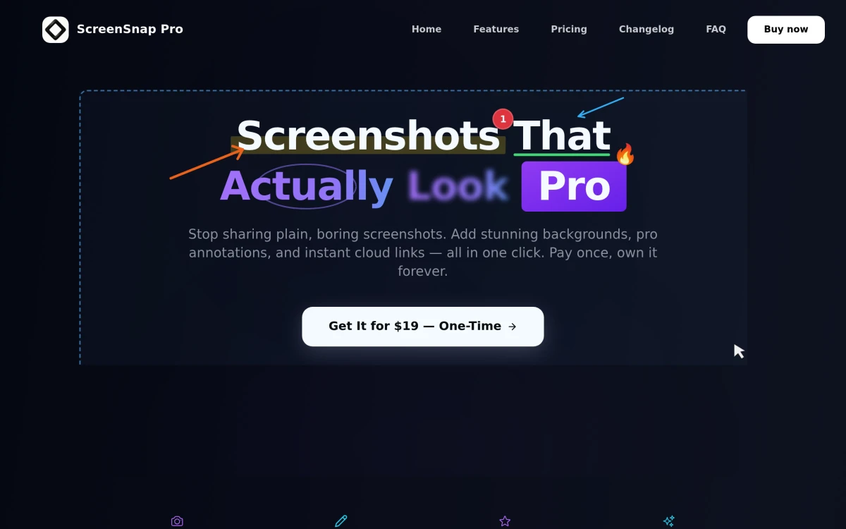 ScreenSnap Pro homepage — screenshot and screen recording app for Mac with built-in audio capture