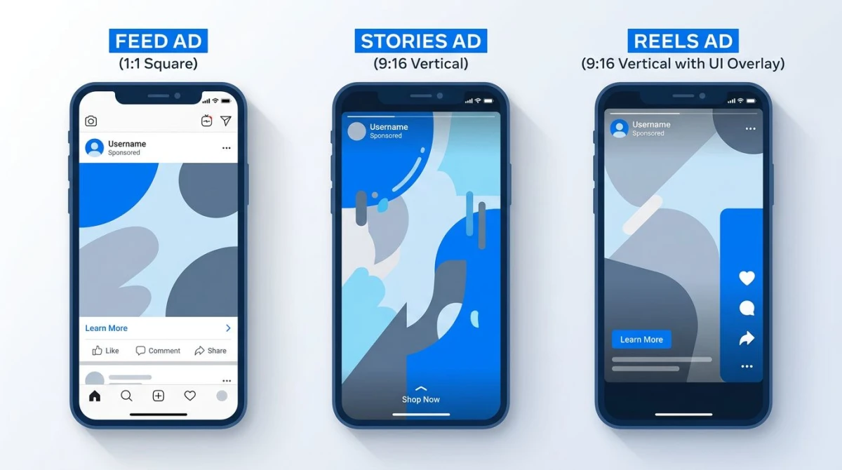 Side-by-side comparison of Feed, Stories, and Reels ad placements on phones