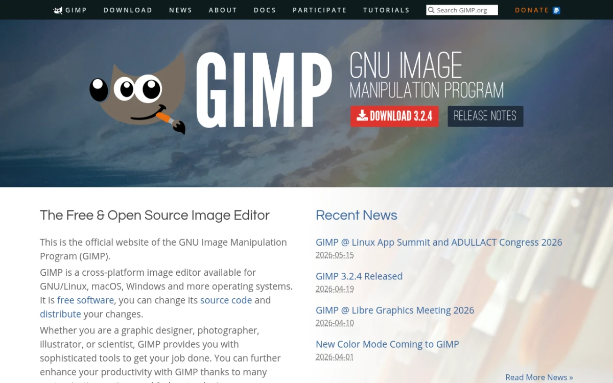 GIMP homepage — free open-source desktop image editor for manual watermark removal