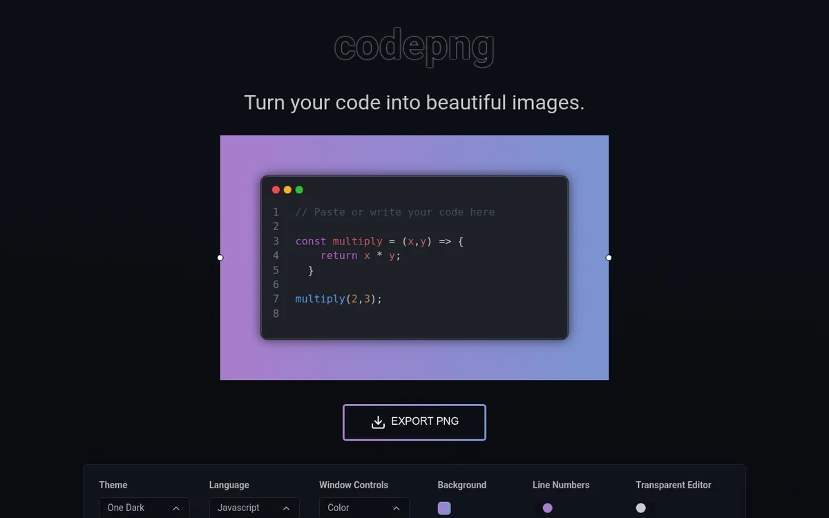 CodePNG homepage with the headline Turn your code into beautiful images and a code window on a purple gradient