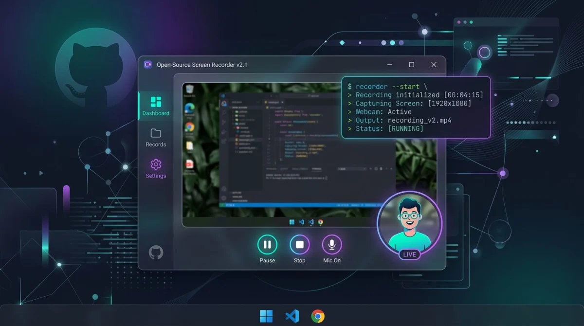 Open-source screen recorder running on Windows with webcam bubble