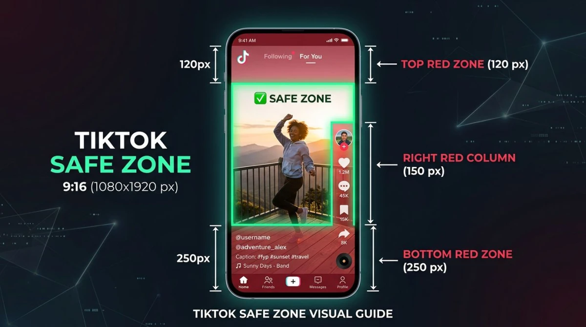 TikTok safe zone diagram showing reserved top, right, and bottom UI areas