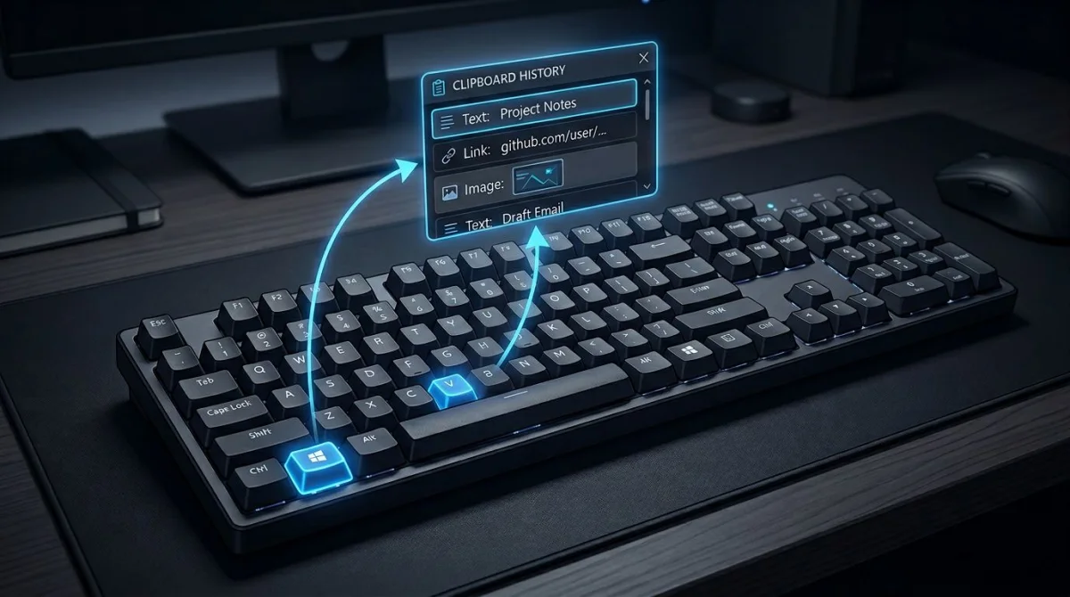 Windows keyboard with Win and V keys highlighted for clipboard shortcut