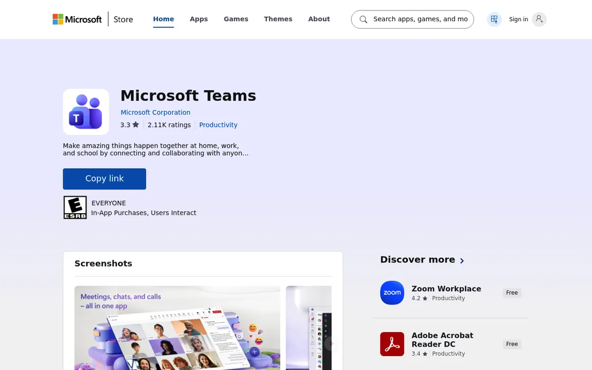 Microsoft Teams im Microsoft Store mit dem Teams-App-Icon, Bewertung und Produkt-Screenshots