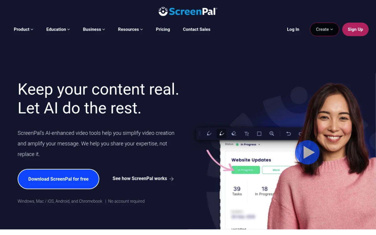 ScreenPal homepage featuring the affordable screen recorder and timeline editor for training videos