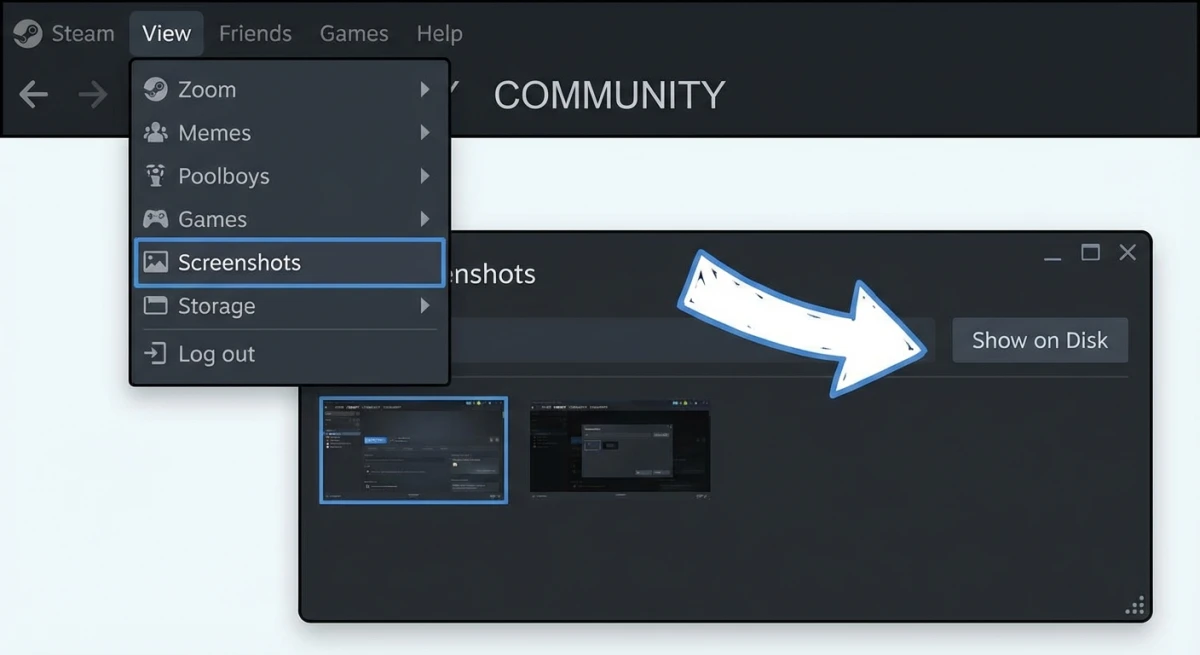 Steam Screenshot Manager showing the View menu and Show on Disk option