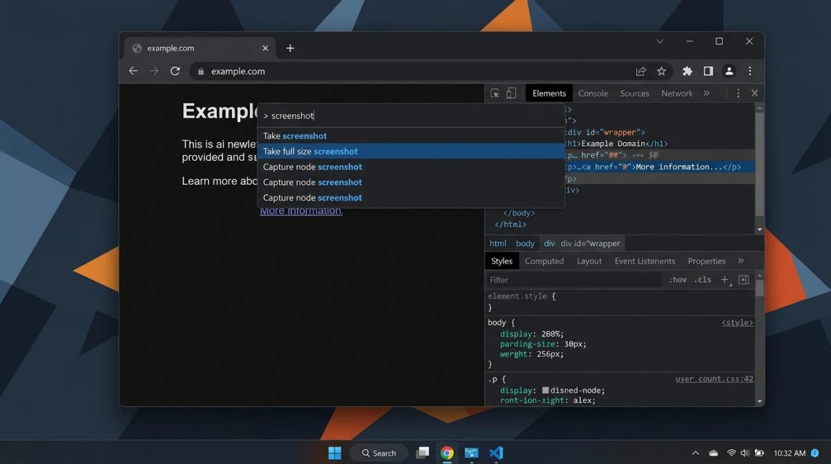 Chrome DevTools command palette with full size screenshot option