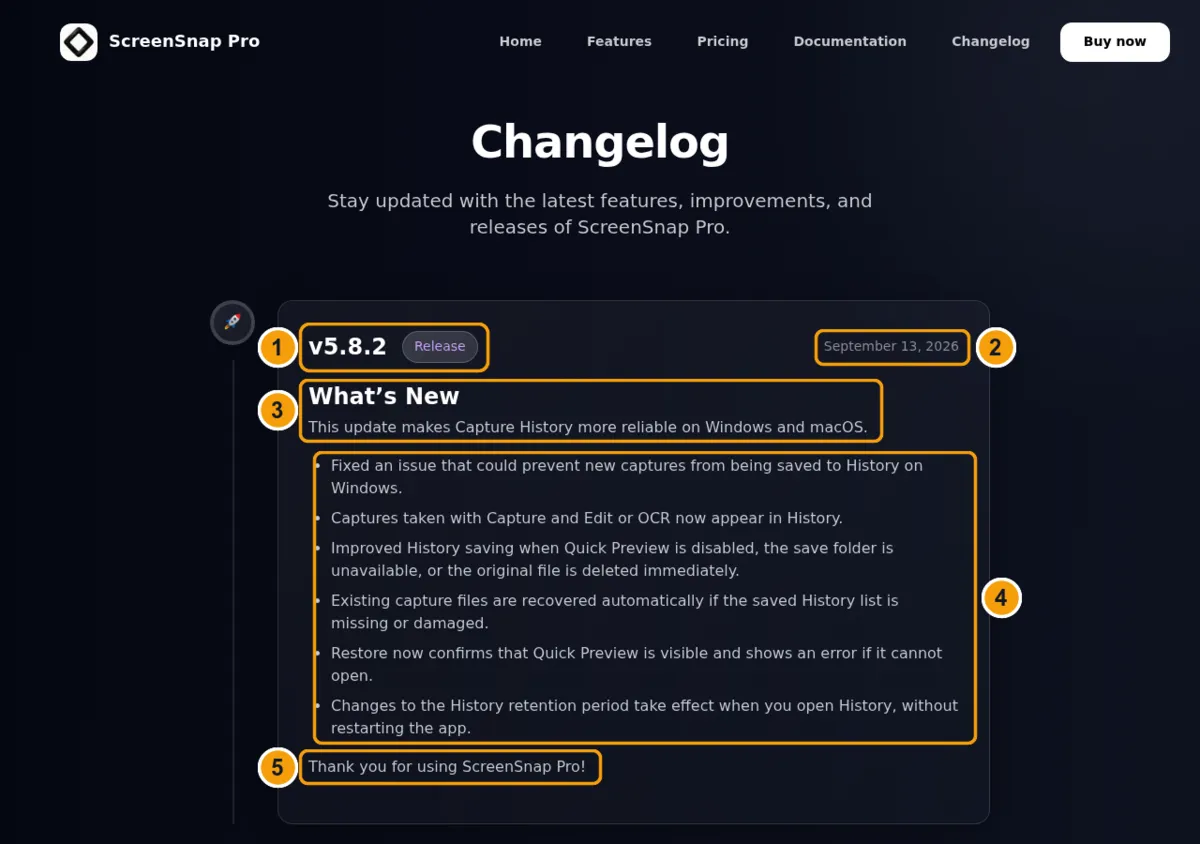 ScreenSnap Pro Changelog mit nummerierten Markierungen für Version, Datum, Zusammenfassung, Änderungsliste und Abschluss