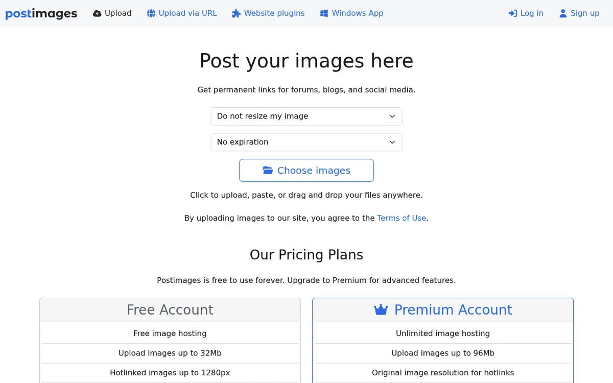 Postimages homepage with upload, resize and expiration options and its free and premium plans