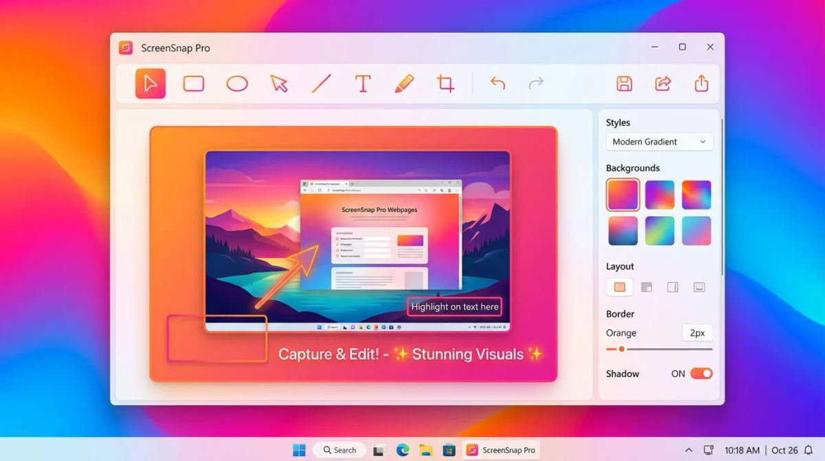 ScreenSnap Pro Windows app with gradient backgrounds and annotation tools