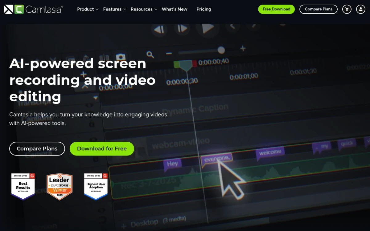 Camtasia homepage from TechSmith showing the multi-track screen recorder and tutorial editor