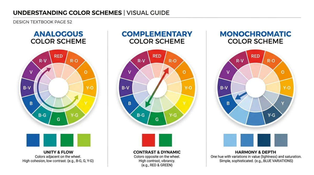 Three color wheel diagrams comparing analogous, complementary, and monochromatic schemes