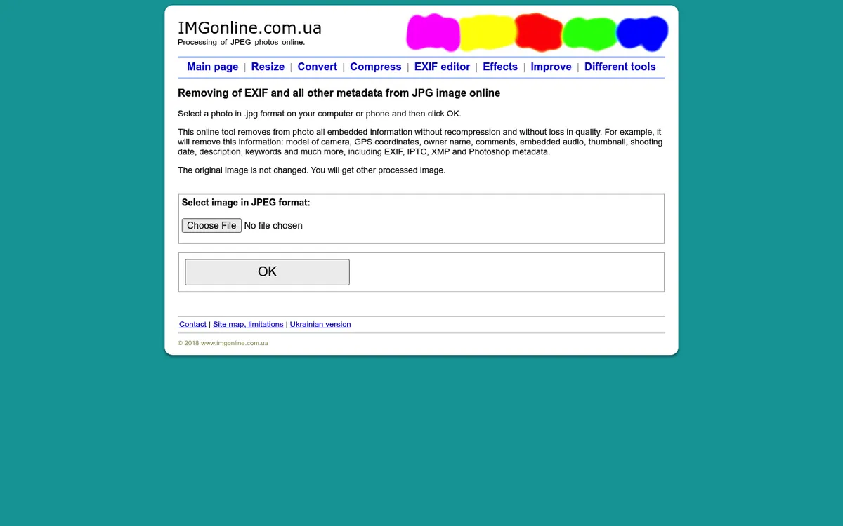 The imgonline tool page for deleting EXIF data from an image