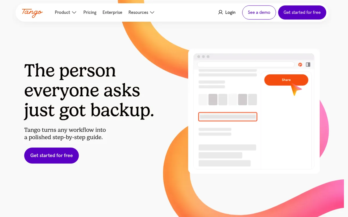 Tango homepage, a browser extension that turns any workflow into a step by step guide